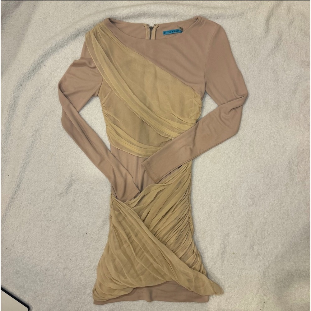 Alice Olivia Beige Draped Ruched Mesh Sheer Long Sleeve Sheath Dress Size 2